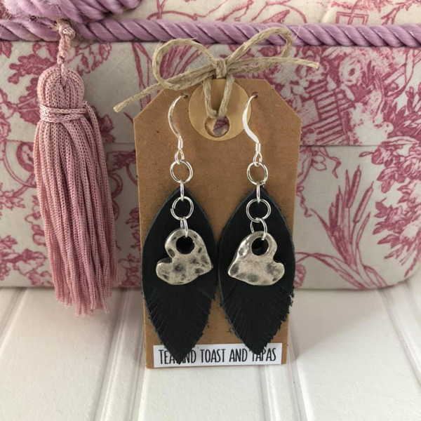 Black leaf and silver heart earings